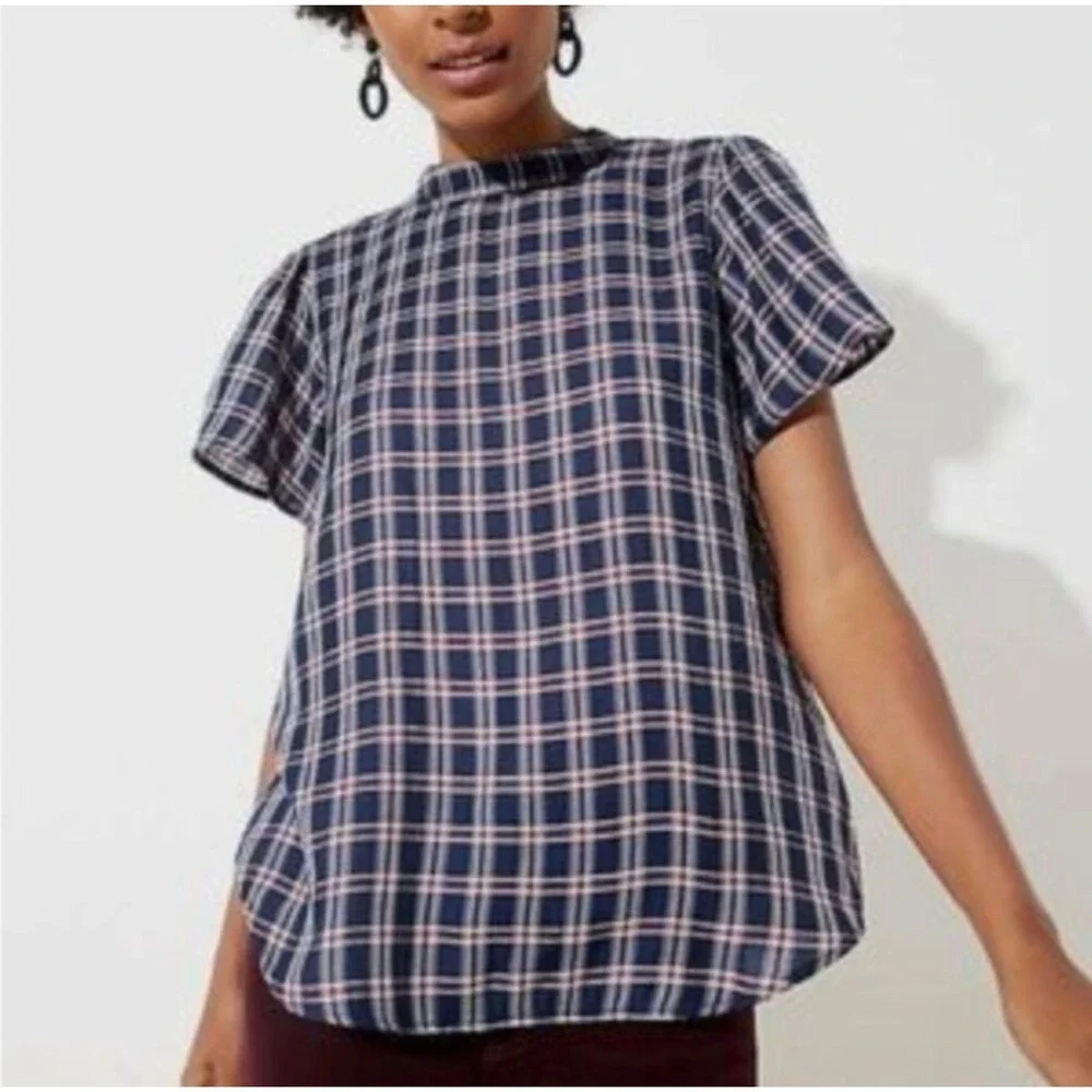 LOFT Navy Blue, Red & White Plaid Blouse Mock Neck Puff Sleeves NWT XS
